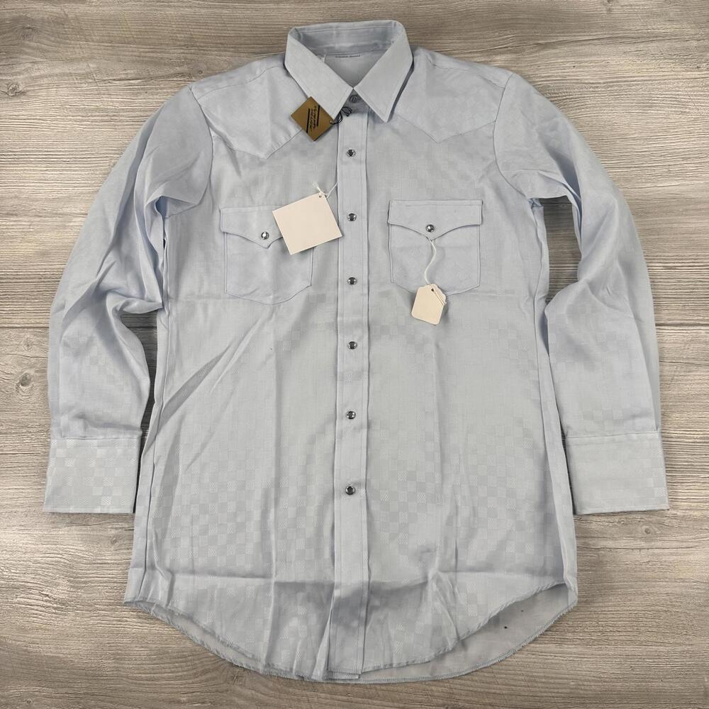 VTG Karman Western Shirt Mens Medium 15.5 Baby Blue Rodeo Pearl Snap Cowboy NWT